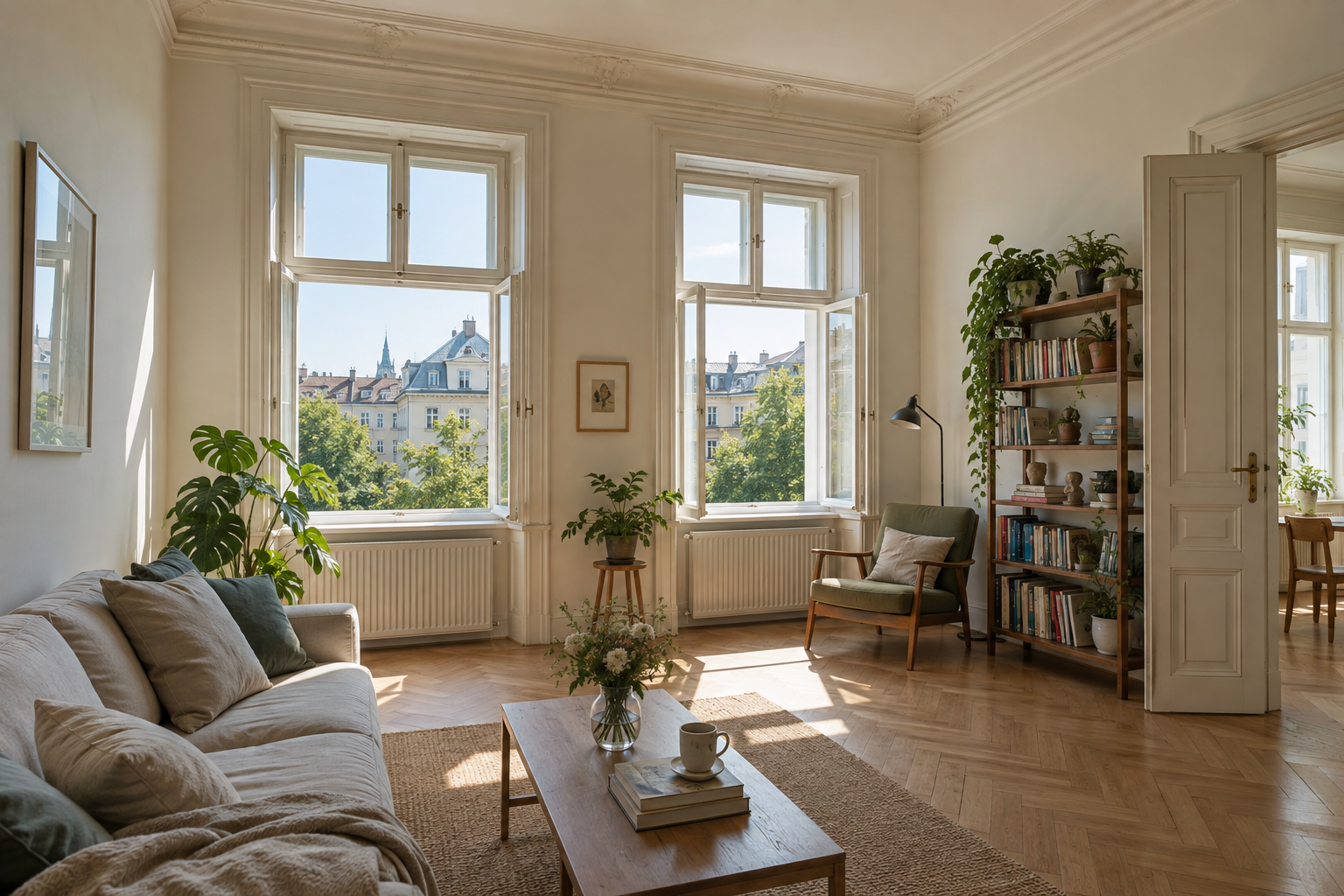 Heller Wiener Altbau-Wohnraum mit hohen Fenstern